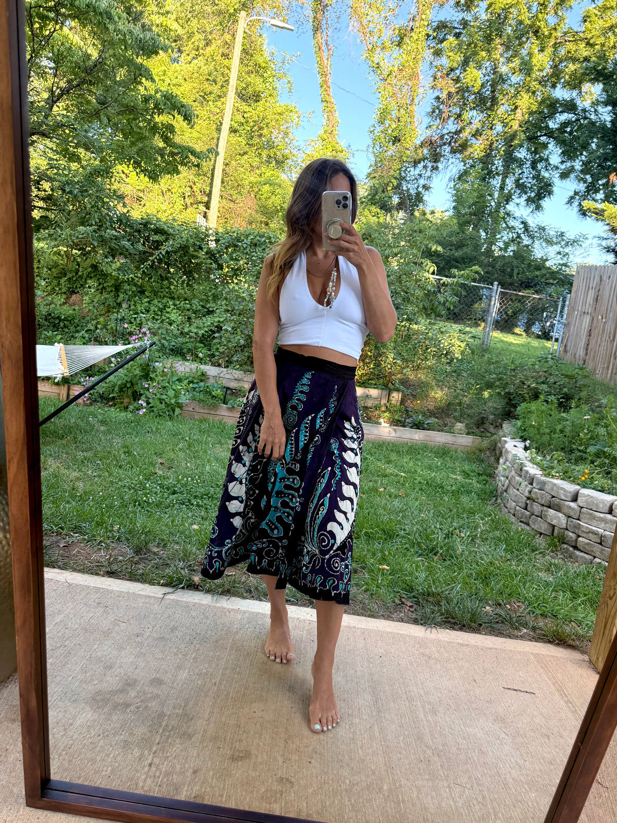 Vintage Navy Aqua Hand-Batik Wrap Midi Skirt