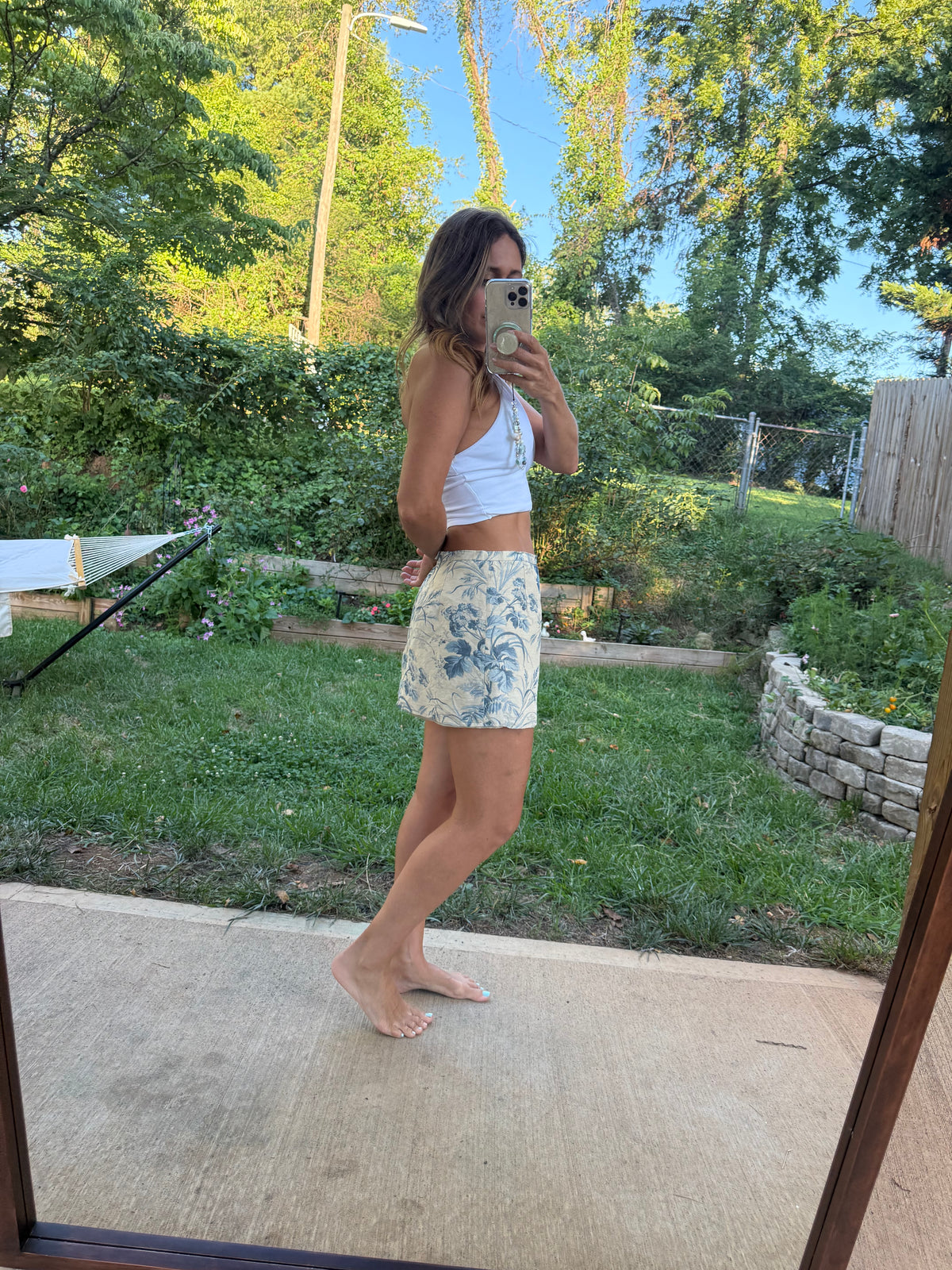 Talbots Silk-Linen Tan Blue Botanical Mini Skirt —  Reworked