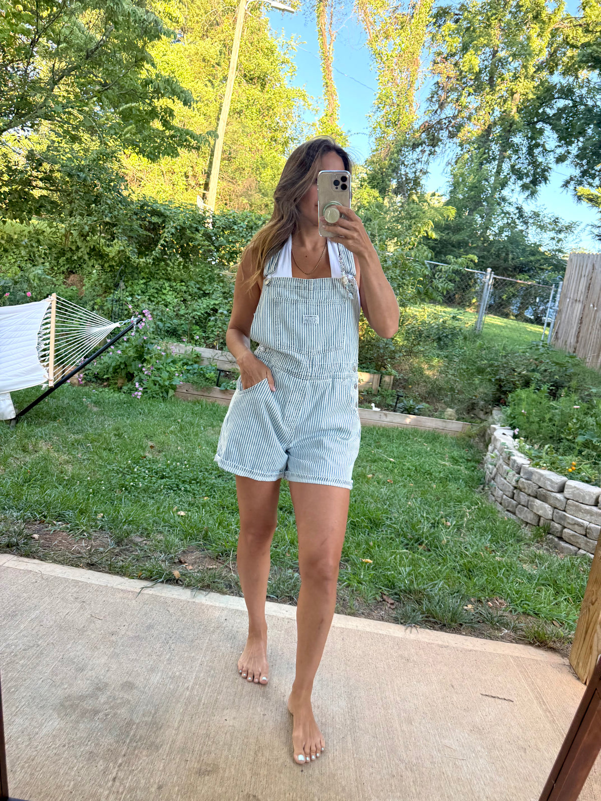 Levi’s Hickory Railroad Stripe Shortalls Overalls free people