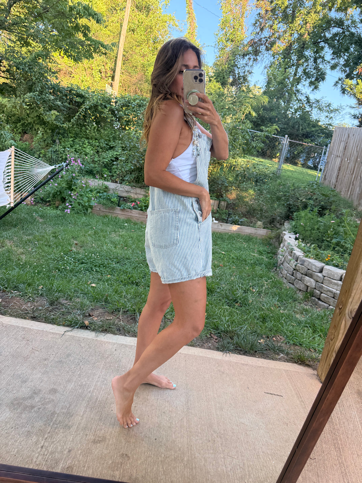 Levi’s Hickory Railroad Stripe Shortalls Overalls free people