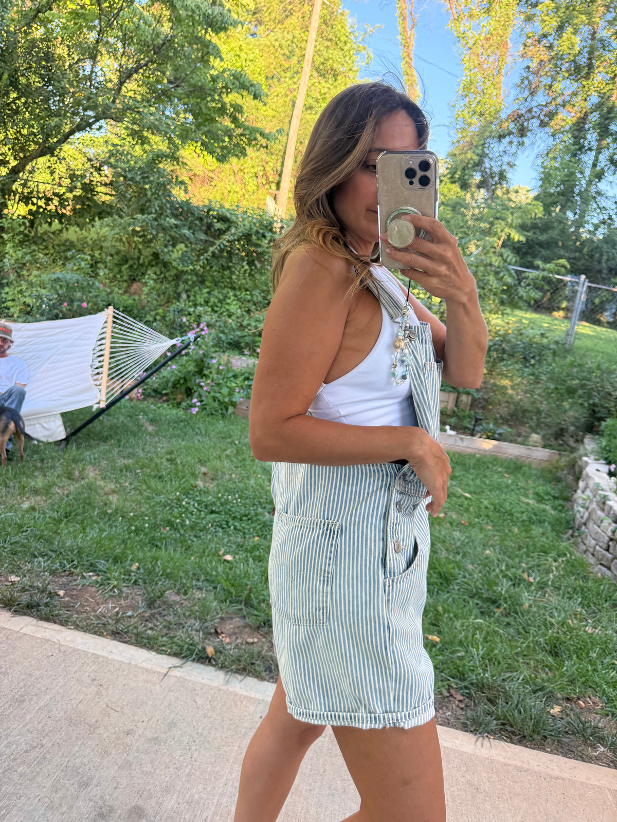 Levi’s Hickory Railroad Stripe Shortalls Overalls free people