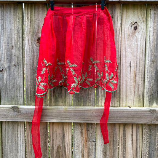 Vintage Red Holly Embroidered Apron