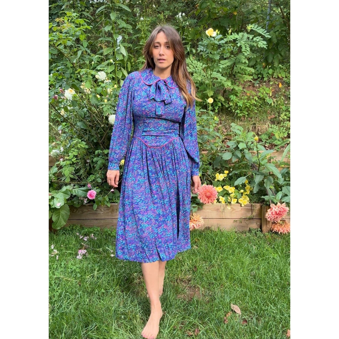 1980s Violet Prairie Dress, Peter Pan Collar, Floral Print