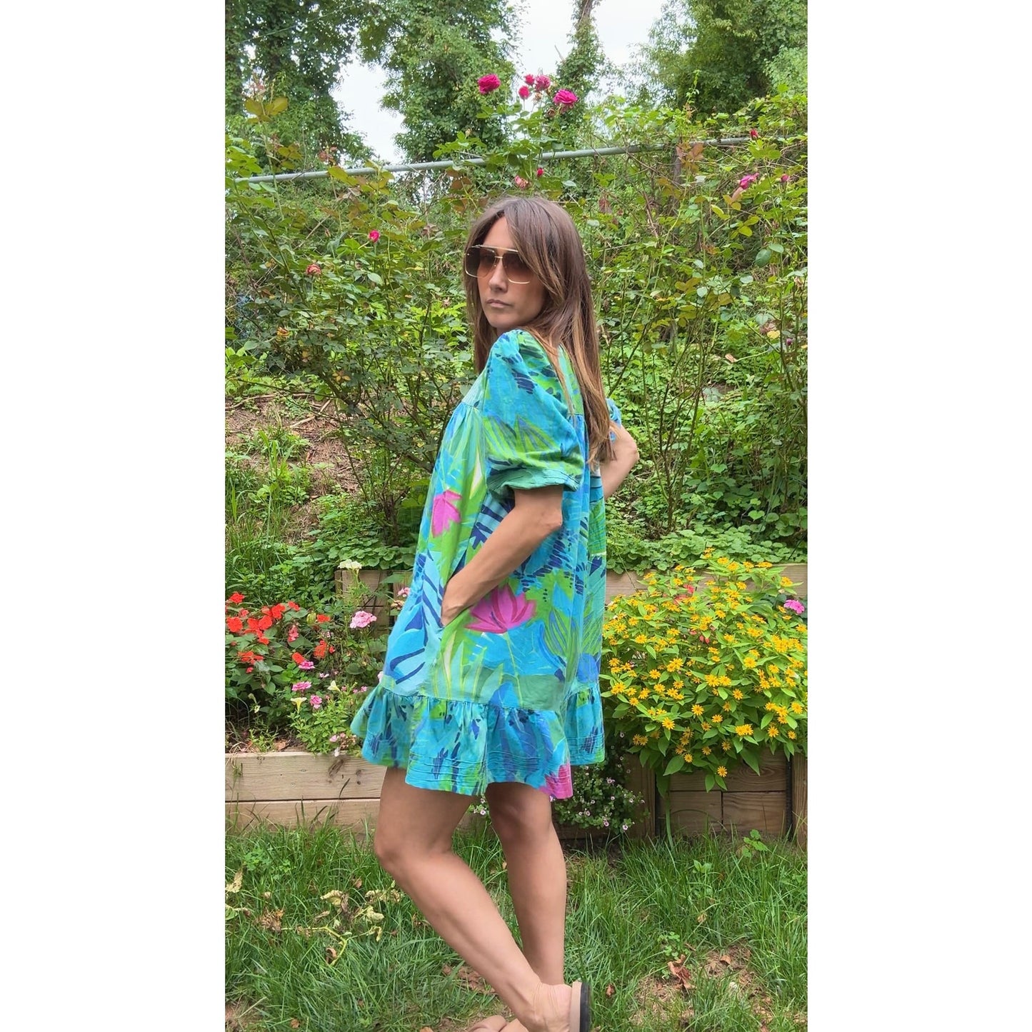 90s Tropical Floral Puff Sleeve Mini Dress – Farm Rio Vibes, Summer Party