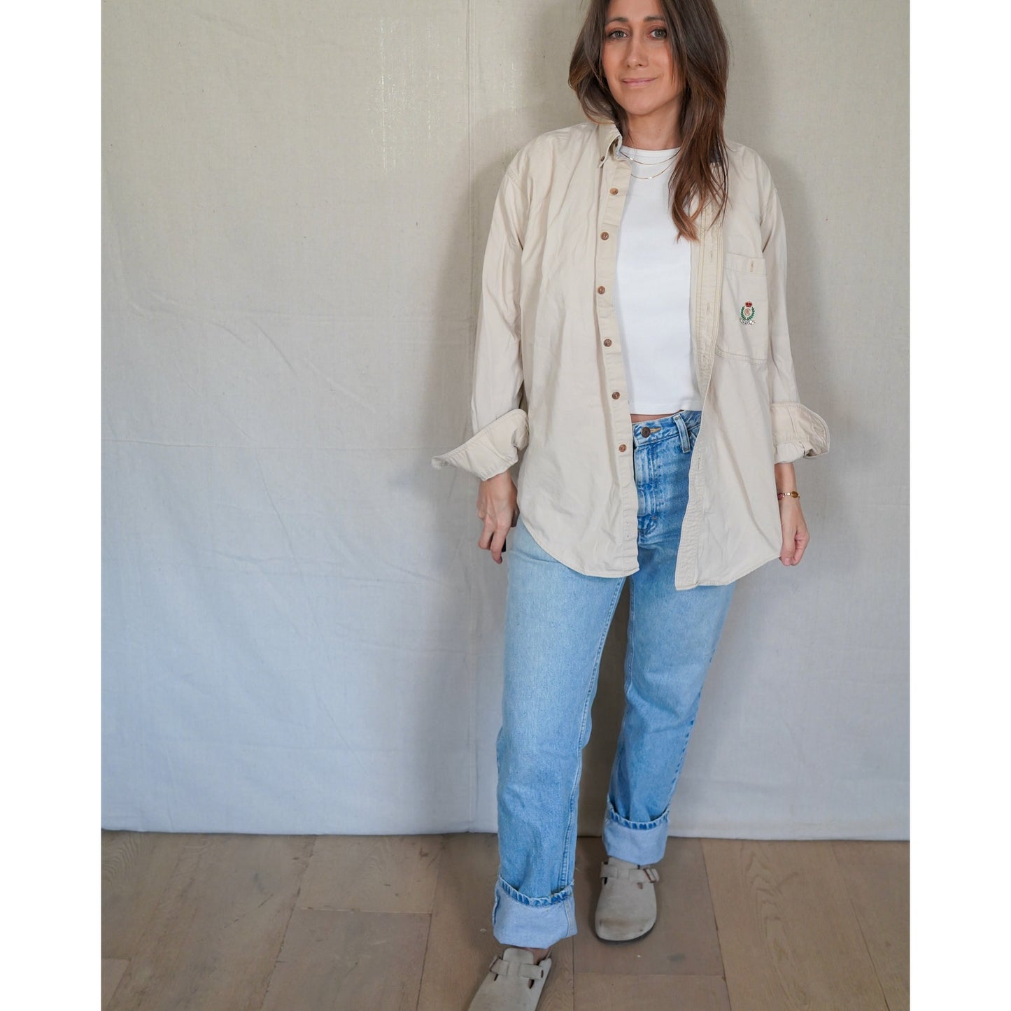 Vintage Chaps Ralph Lauren Beige Button Down / Crest Logo / Classic Cotton Shirt / Minimal Prep