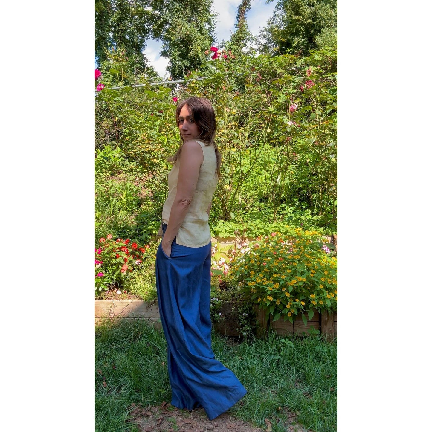 Linen-Blend Pin-Tucked Button Top – Solstice Last Light