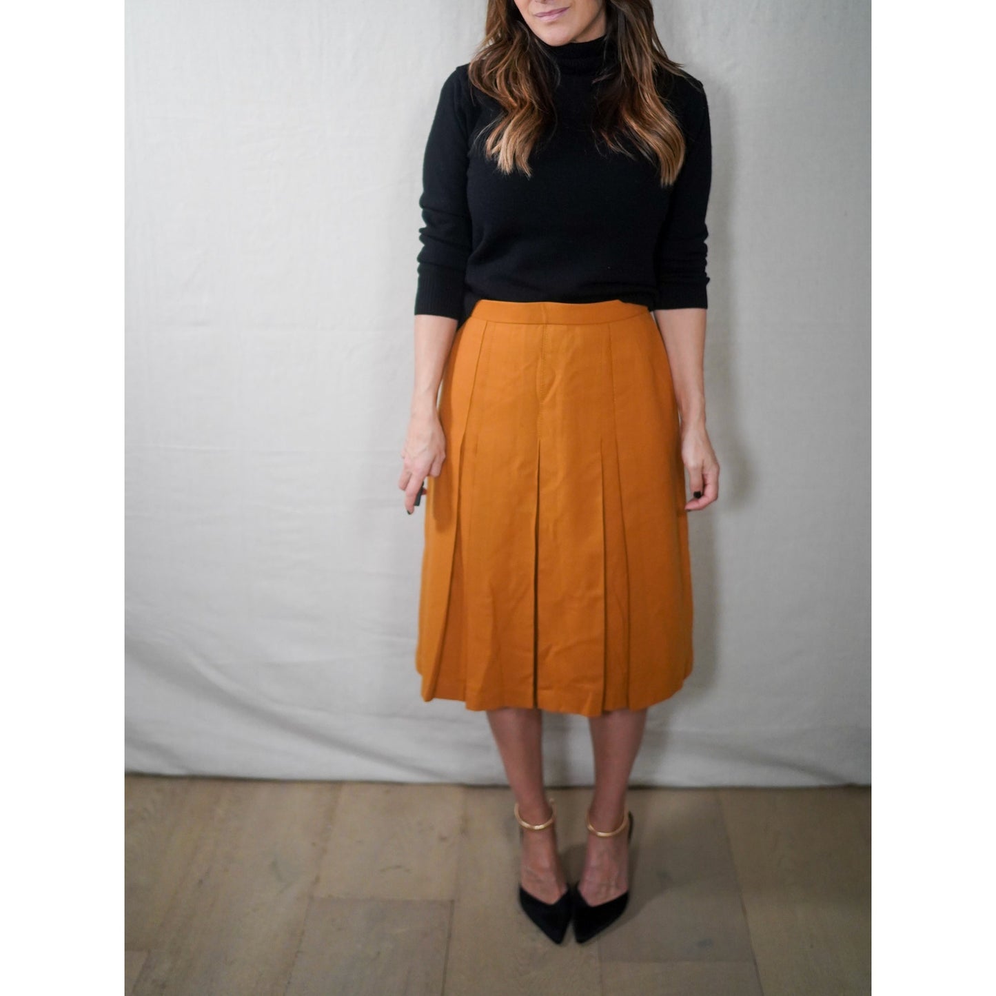 Mustard Pleated Midi Skirt | Tailored Front Pleat, Soft A-Line Shape
