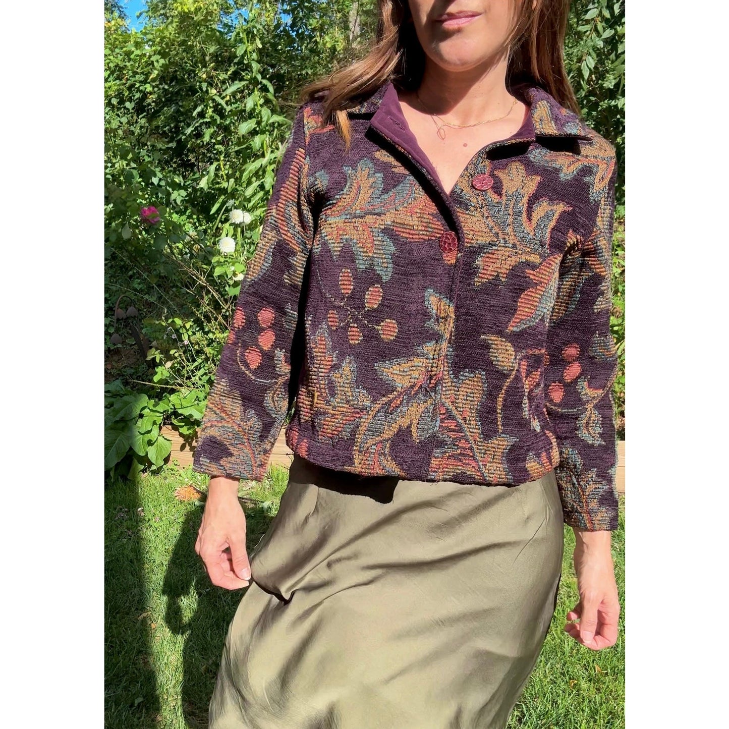Tapestry Blanket Jacket — Plum + Olive Weave