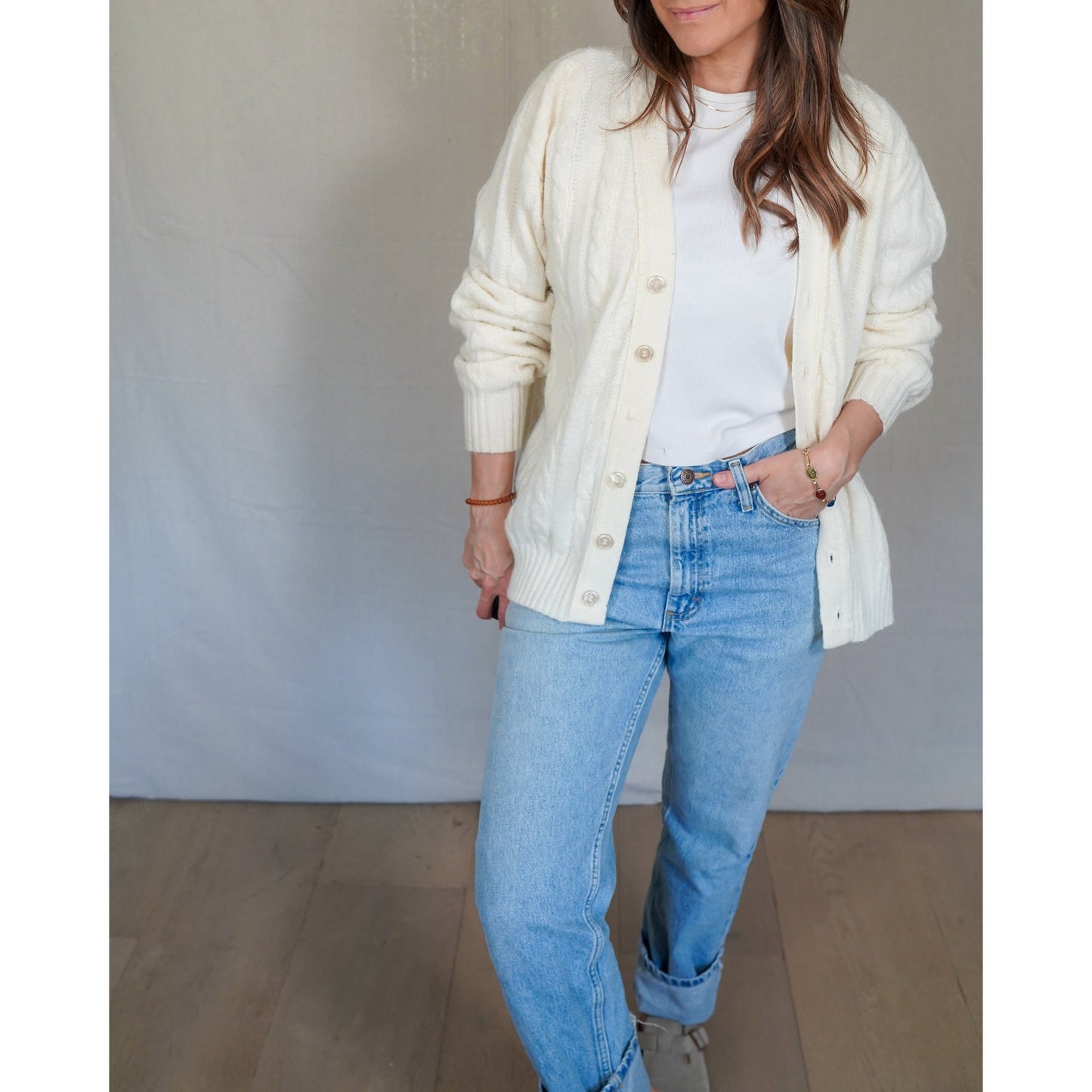 Vintage Cable Knit Cardigan – Cream Fisherman Wool, Slouchy Fit (Jantzen)