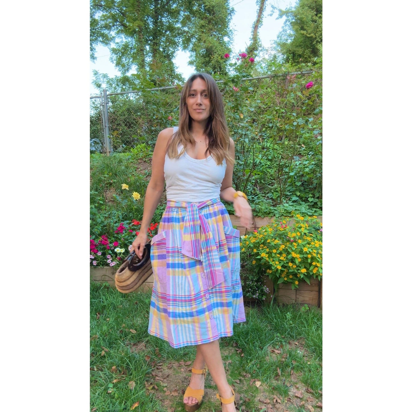 Vintage Pastel Plaid Cotton Skirt w/ Pockets