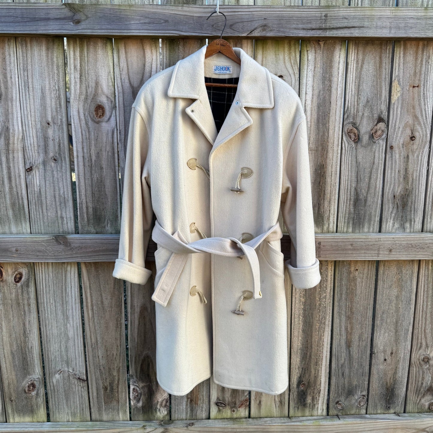 Vintage J.G. Hook Wool Duffle Coat Cream – Toggle Coat, Plaid Lined, Oversized Minimal, USA Made