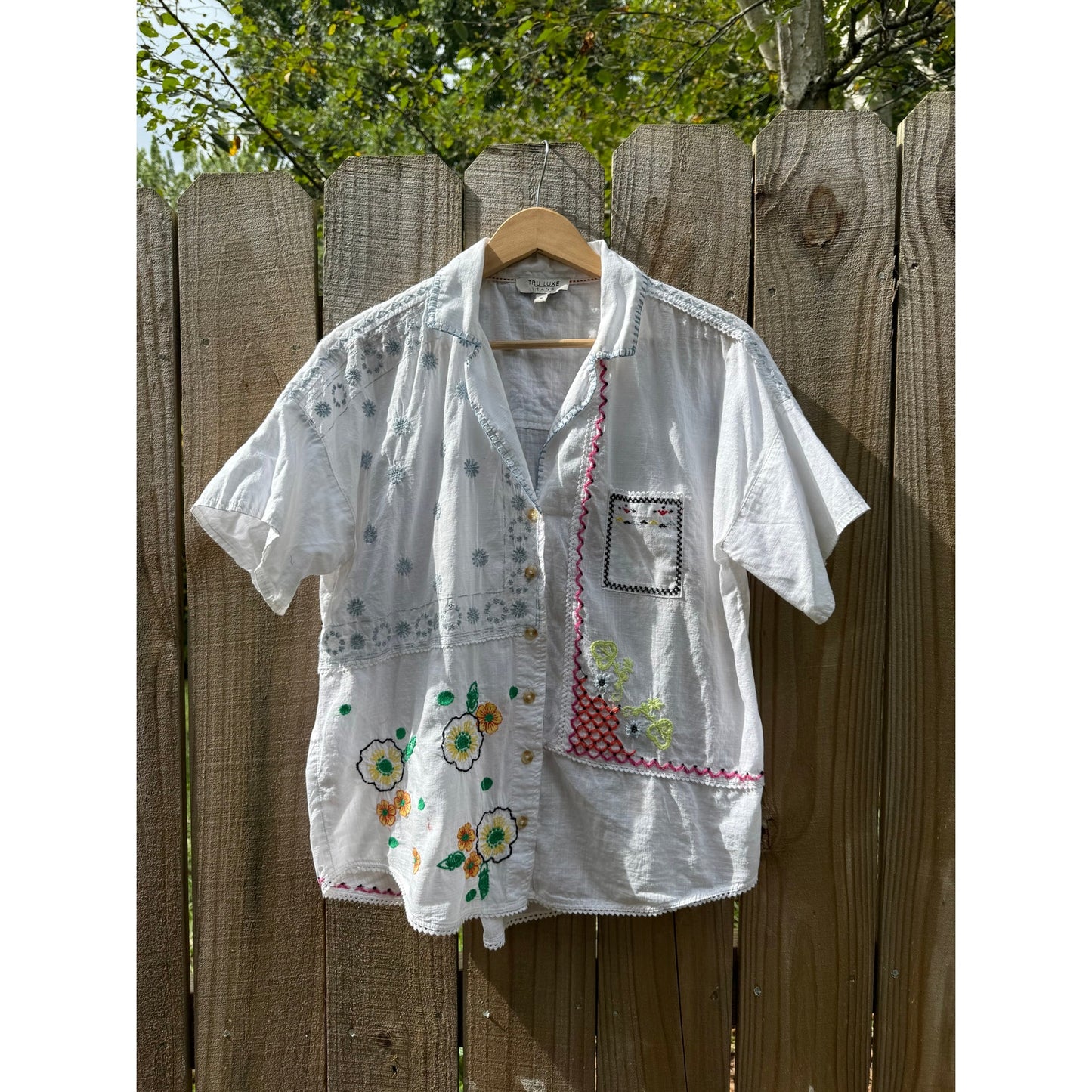 Embroidered Patchwork Embroidered Cotton Camp Shirt – White with Multicolor Florals