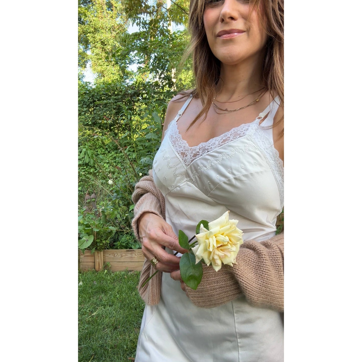 VINTAGE SATIN LACE TRIM SLIP DRESS — IVORY