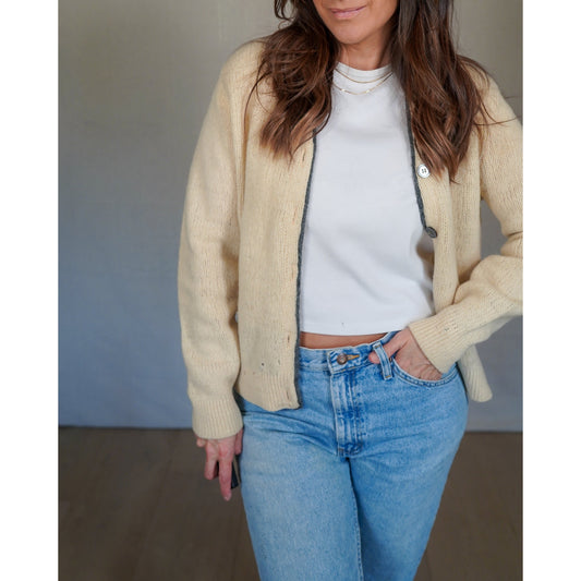 Vintage Shetland Wool Cardigan – Cream Open Front, Textural Knit (Kenwyn)