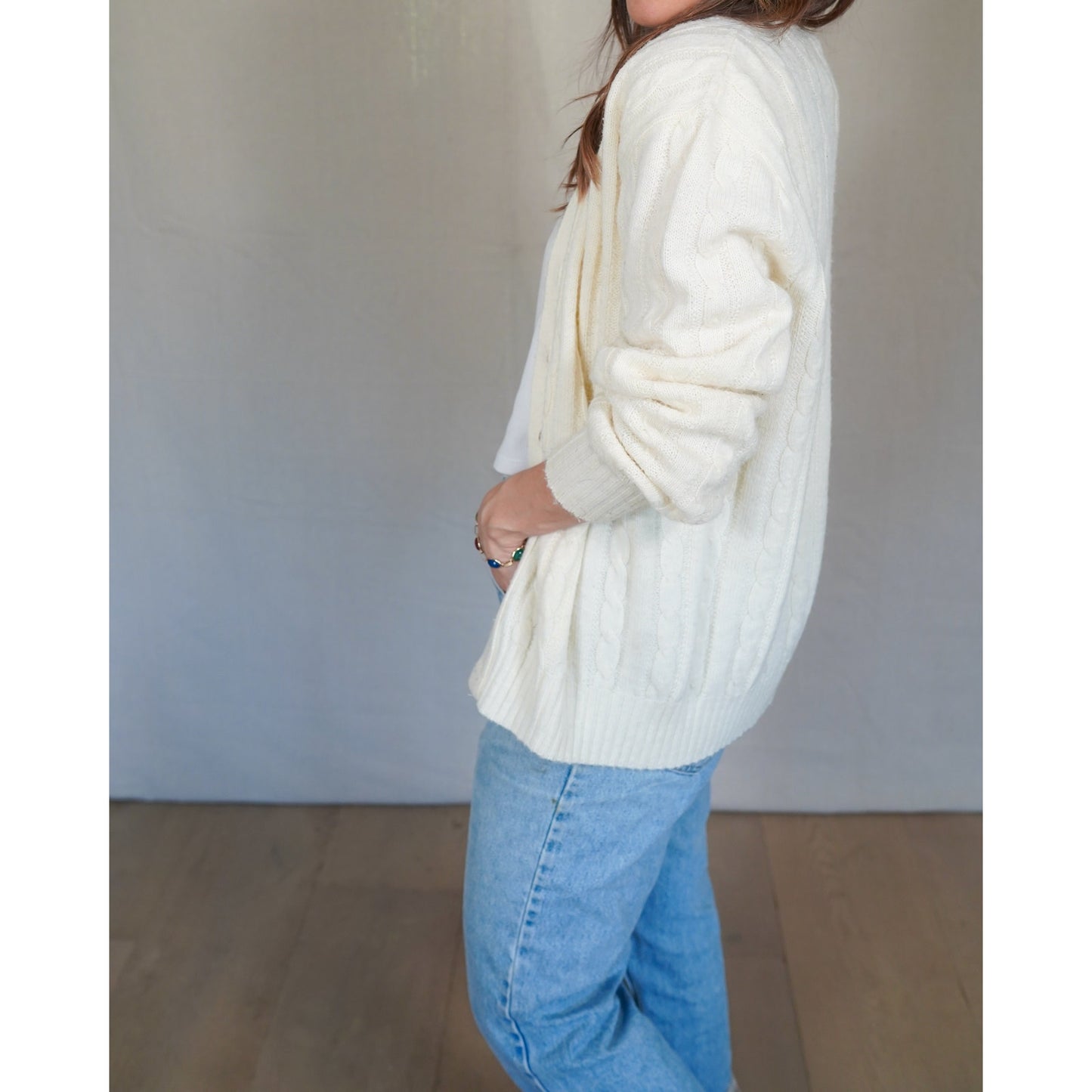 Vintage Cable Knit Cardigan – Cream Fisherman Wool, Slouchy Fit (Jantzen)