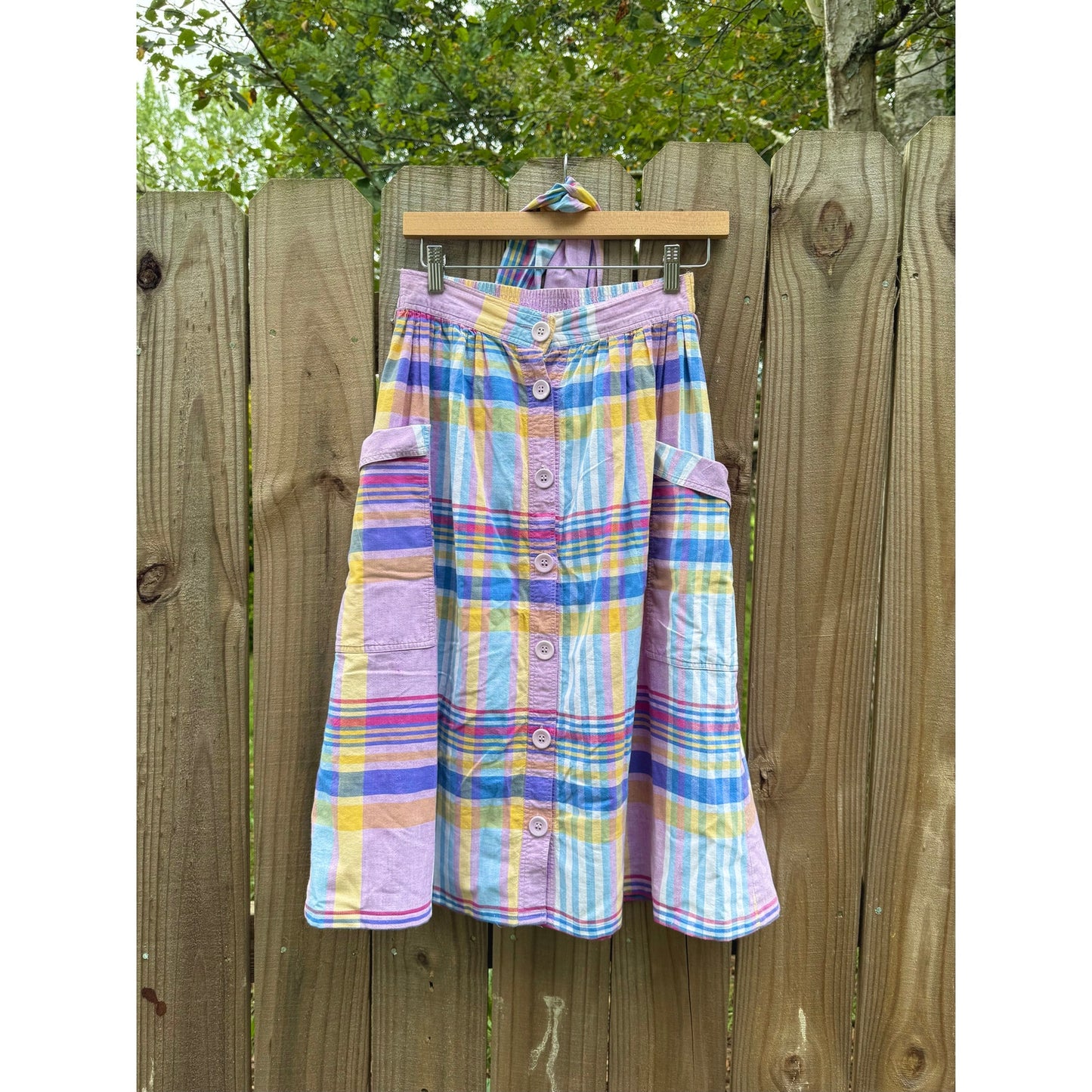 Vintage Pastel Plaid Cotton Skirt w/ Pockets