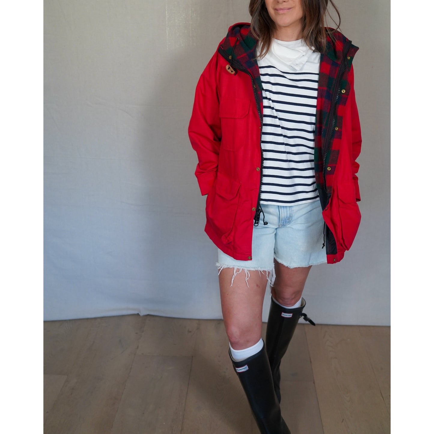 Woolrich Red Hooded Field Jacket / Plaid Lined Utility Coat
