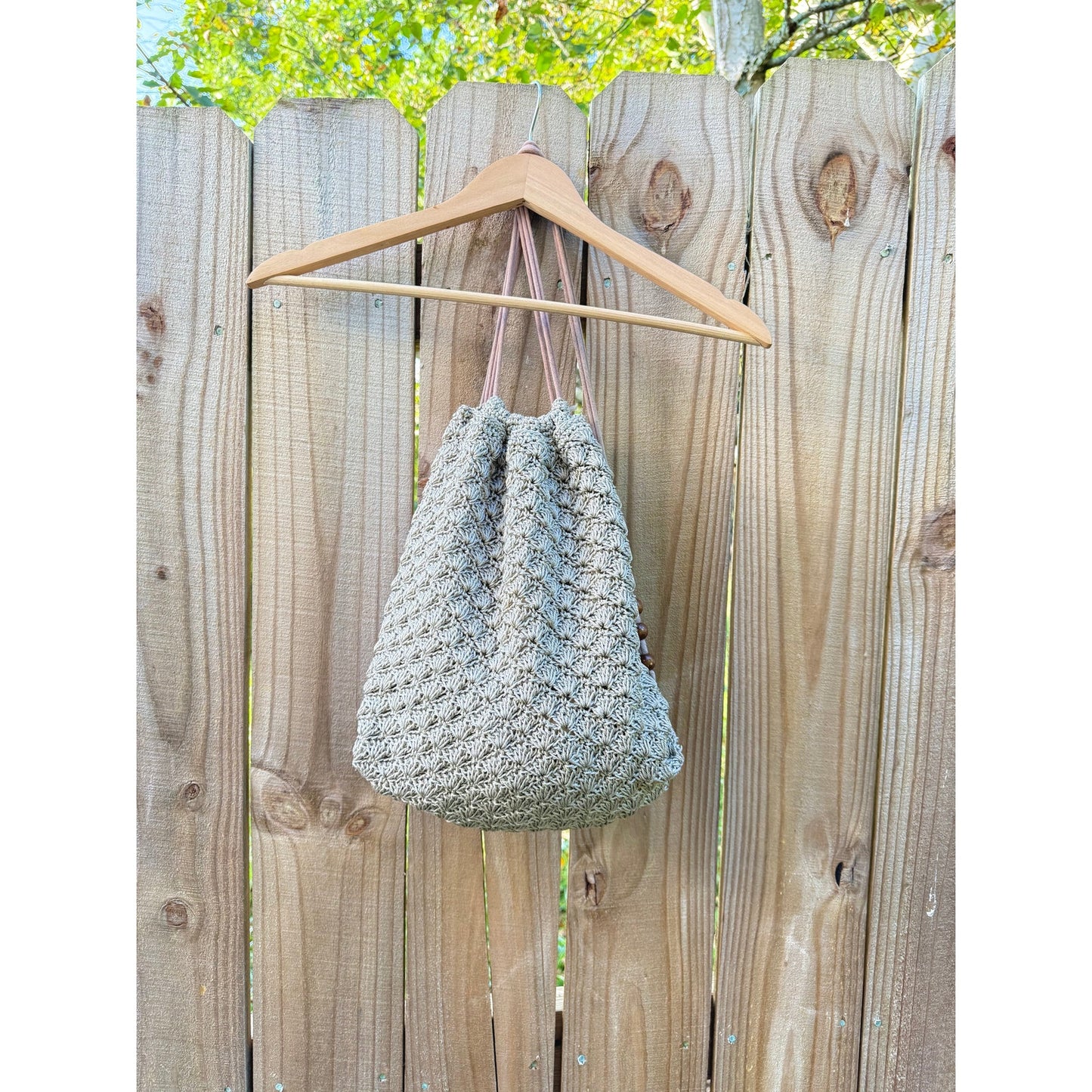 Neutral Crochet Drawstring Shoulder Bag with Wood Beads