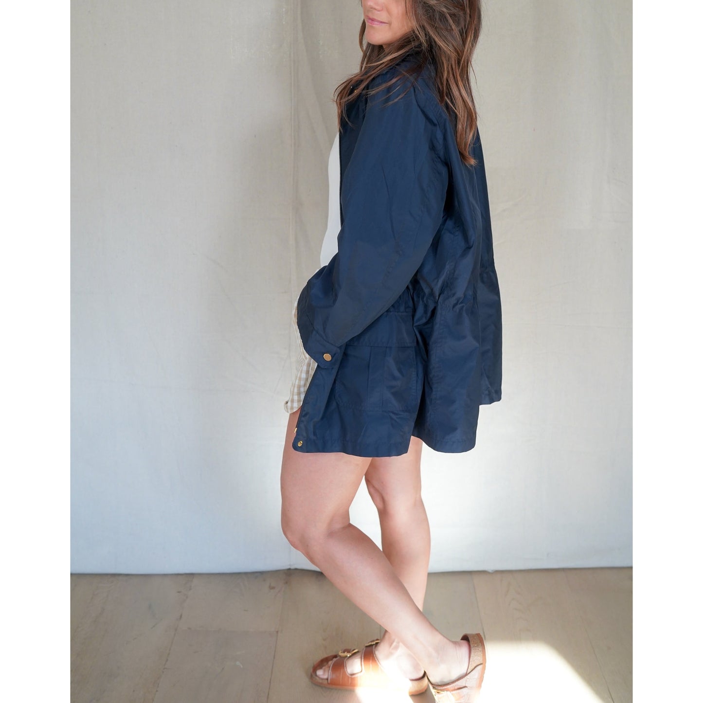 Talbots navy rain jacket utility shell fisherman core oversized coat