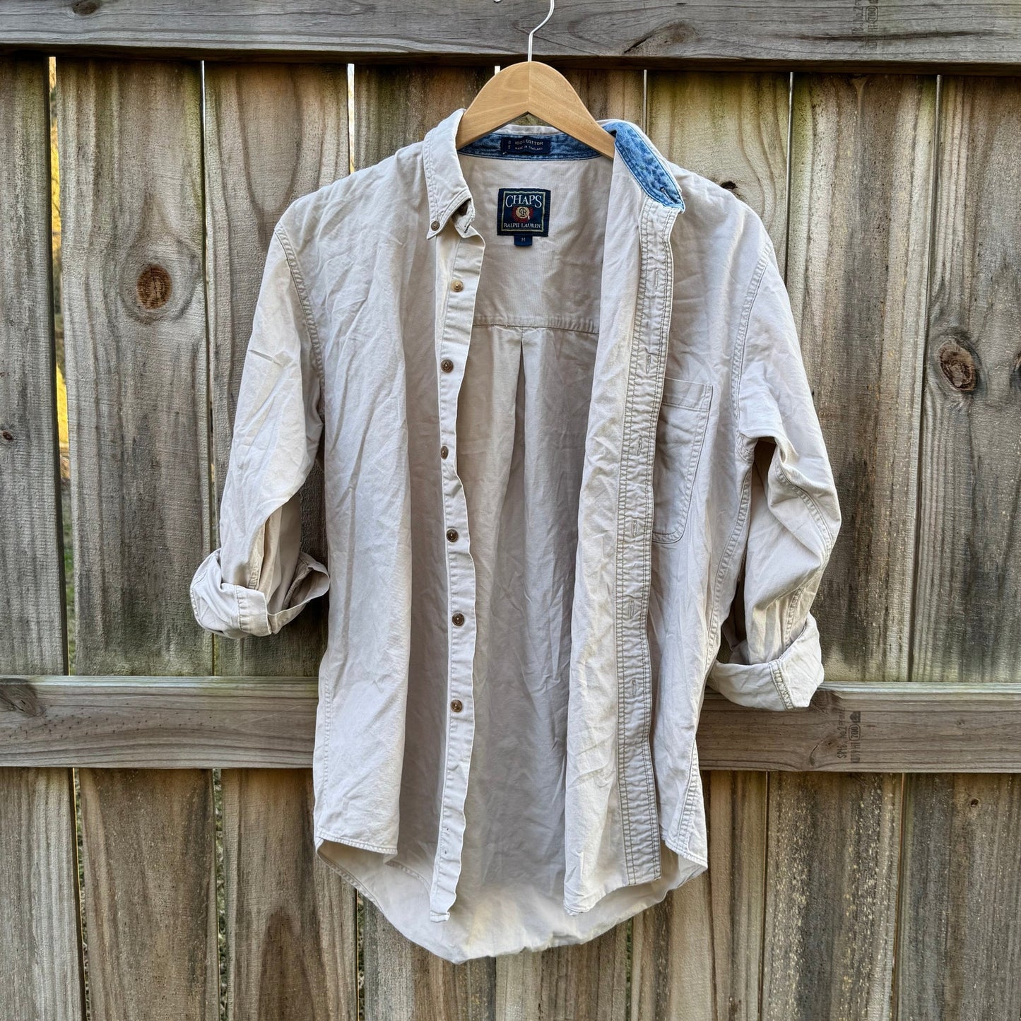 Vintage Chaps Ralph Lauren Beige Button Down / Crest Logo / Classic Cotton Shirt / Minimal Prep