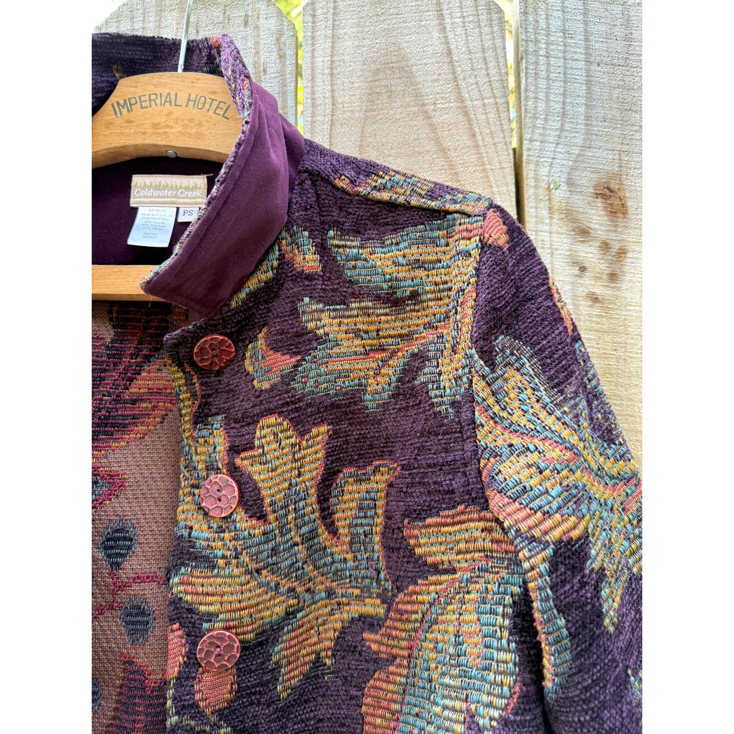 Tapestry Blanket Jacket — Plum + Olive Weave