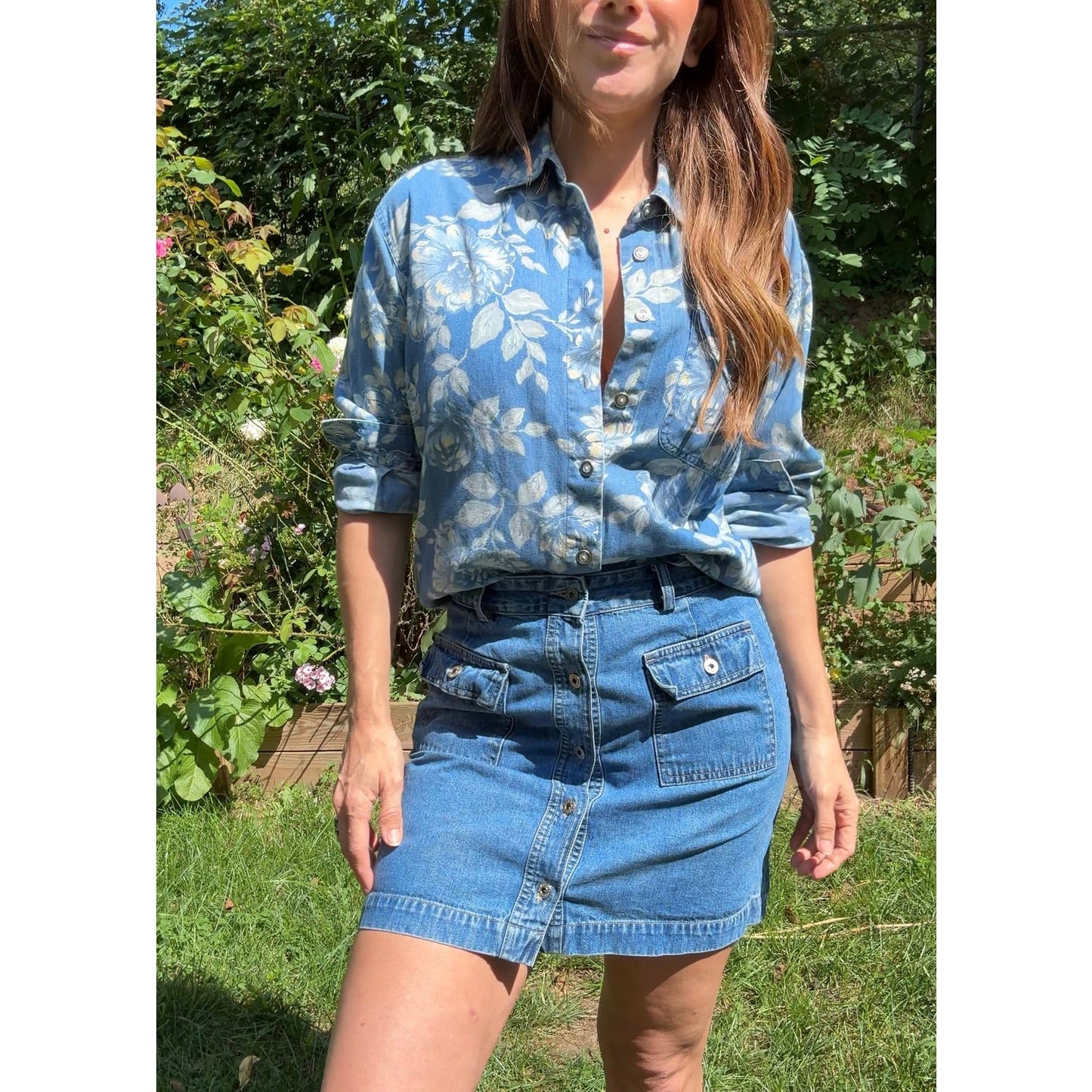 Vintage Lizwear Chambray Floral Shirt – 90s Western Denim