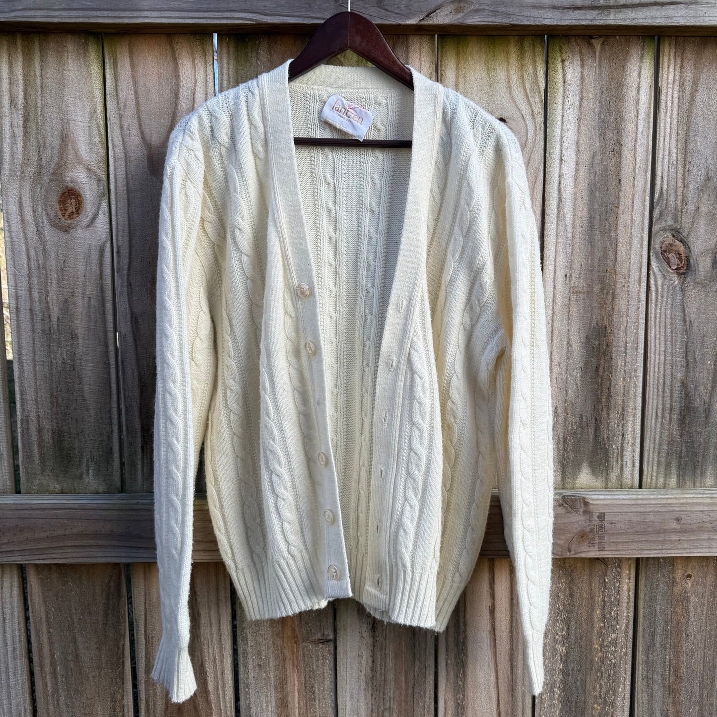 Vintage Cable Knit Cardigan – Cream Fisherman Wool, Slouchy Fit (Jantzen)