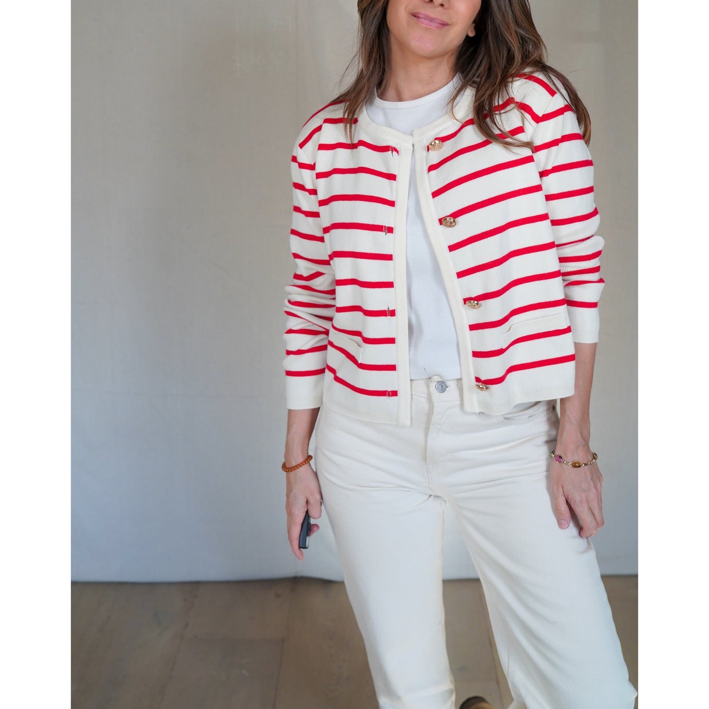 Red Stripe Knit Cardigan with Gold Buttons – Cream