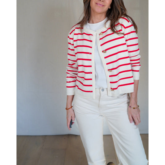 Red Stripe Knit Cardigan with Gold Buttons – Cream