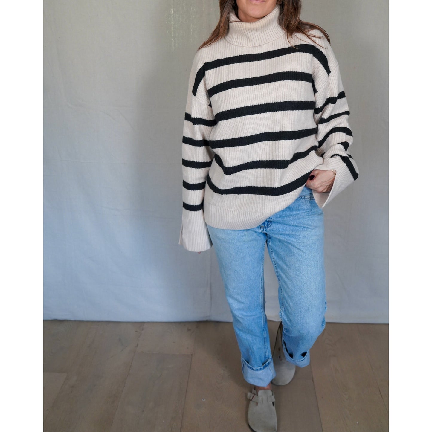 Zara Knit Striped Turtleneck Sweater Cream Black Oversized Ribbed Size L