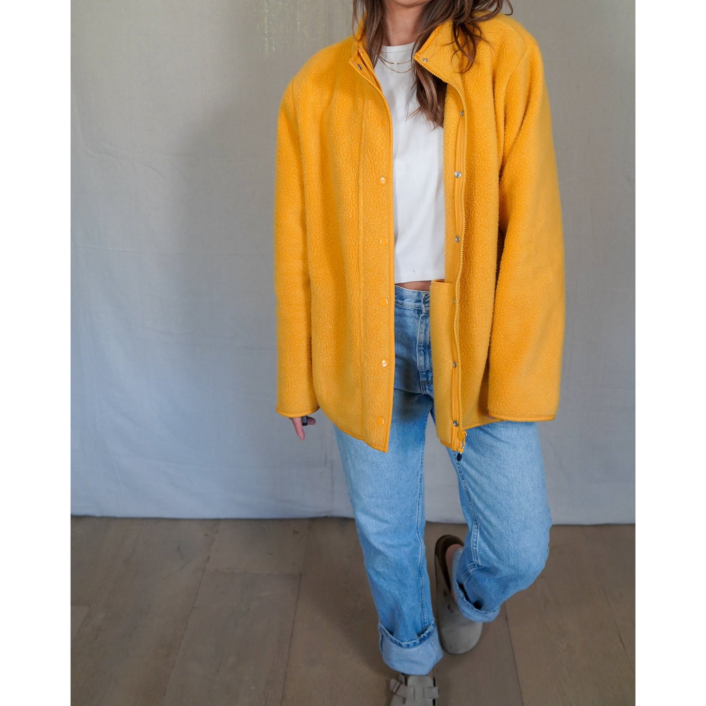 Mustard Yellow Fleece Jacket / Snap Front / Minimal Outdoor Layer