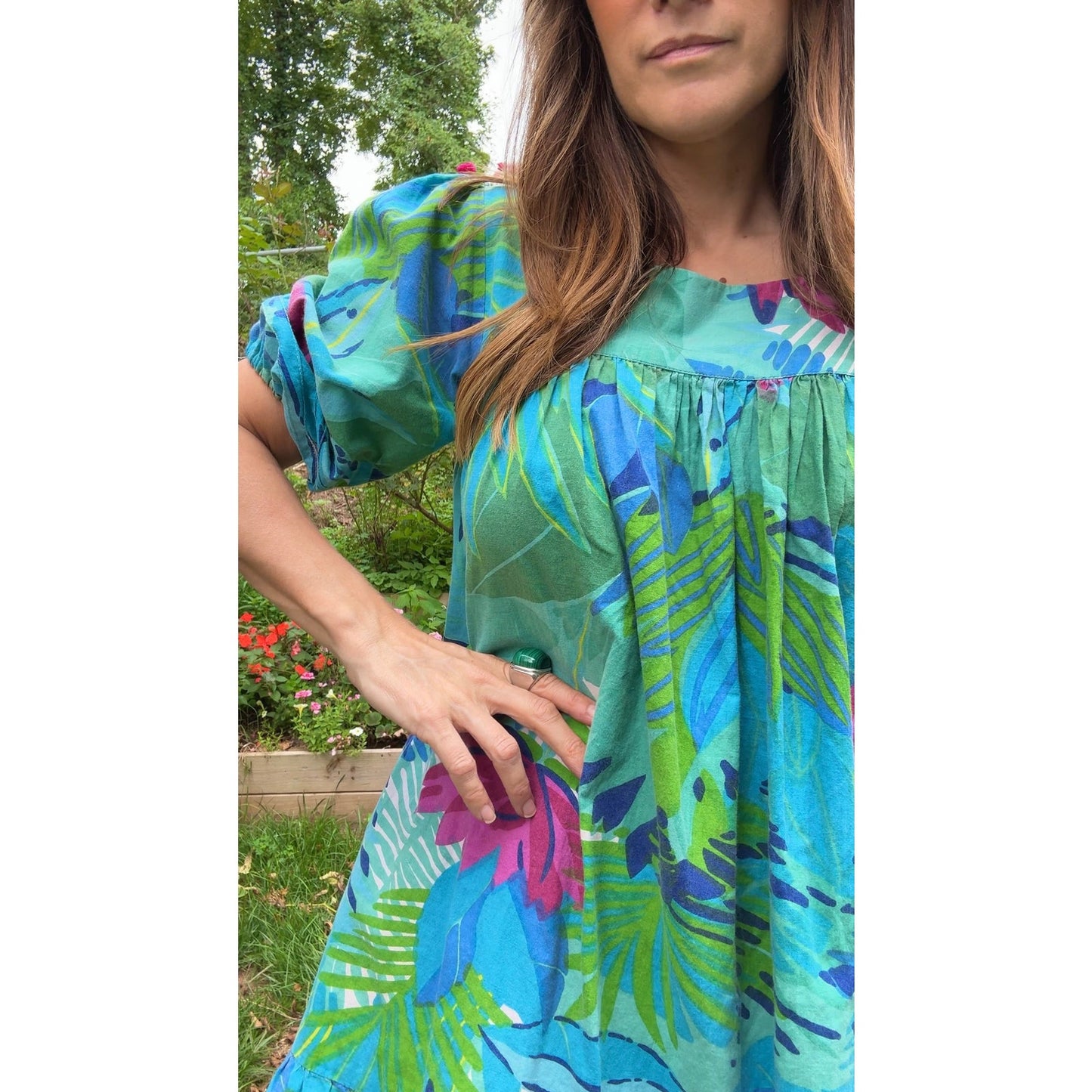 90s Tropical Floral Puff Sleeve Mini Dress – Farm Rio Vibes, Summer Party