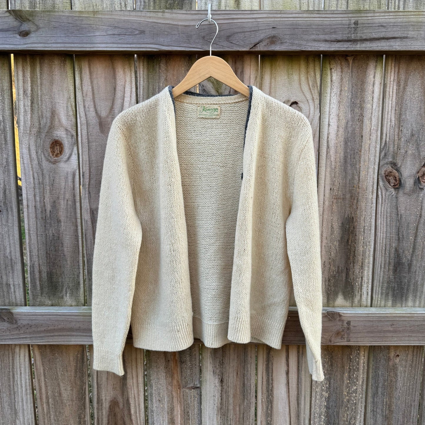 Vintage Shetland Wool Cardigan – Cream Open Front, Textural Knit (Kenwyn)