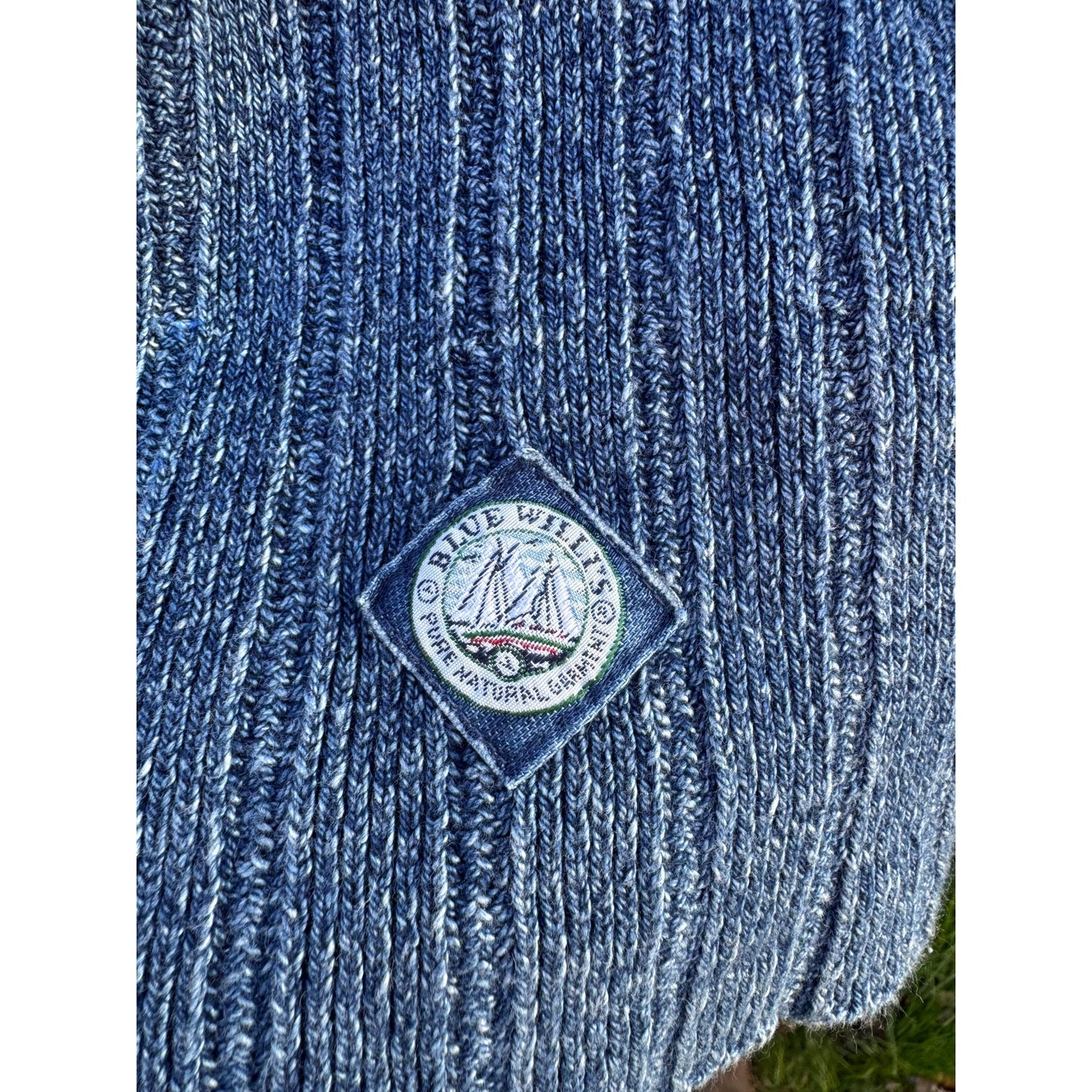 Vintage Blue Willis Cotton Knit Sweater – Cropped Fisherman Style, Textured Indigo, Coastal Minimal, Boxy Fit
