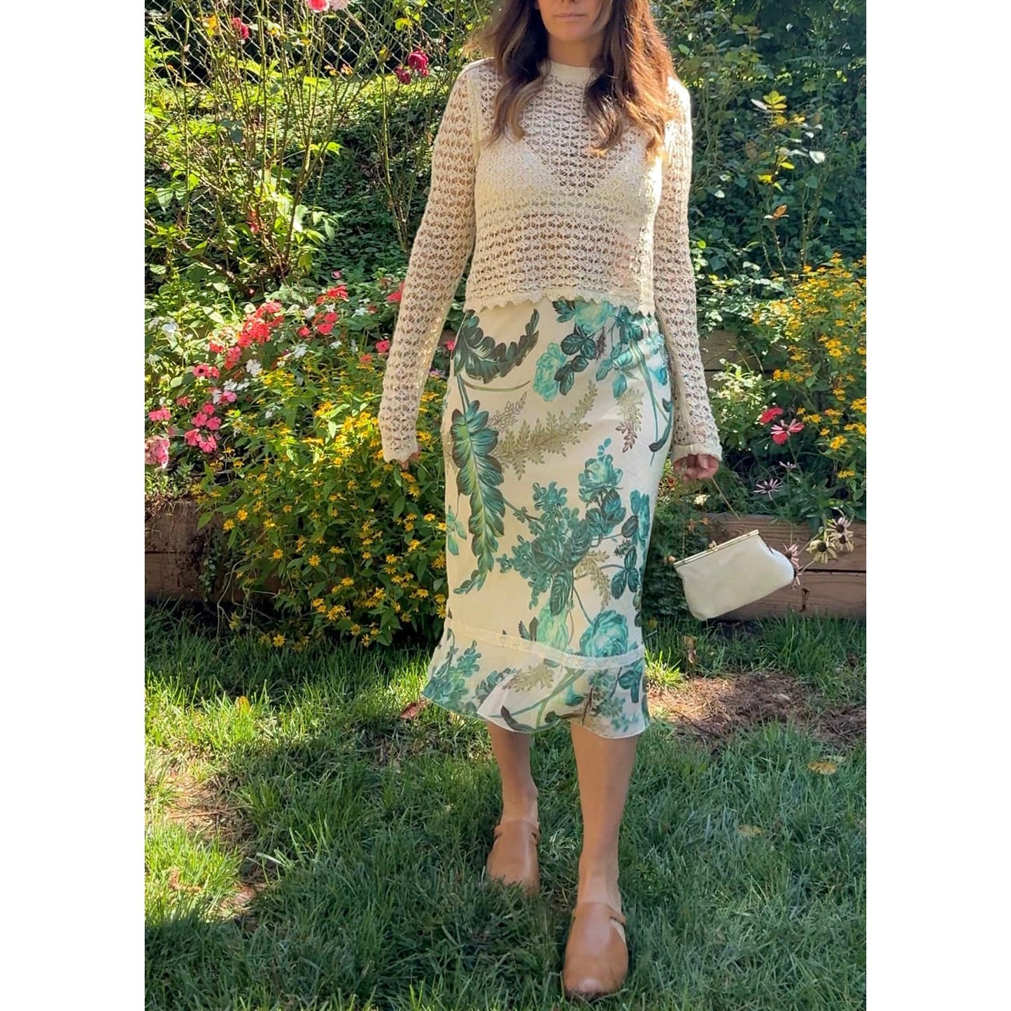 Vintage 90s Floral Slip Skirt with Lace Trim Y2K