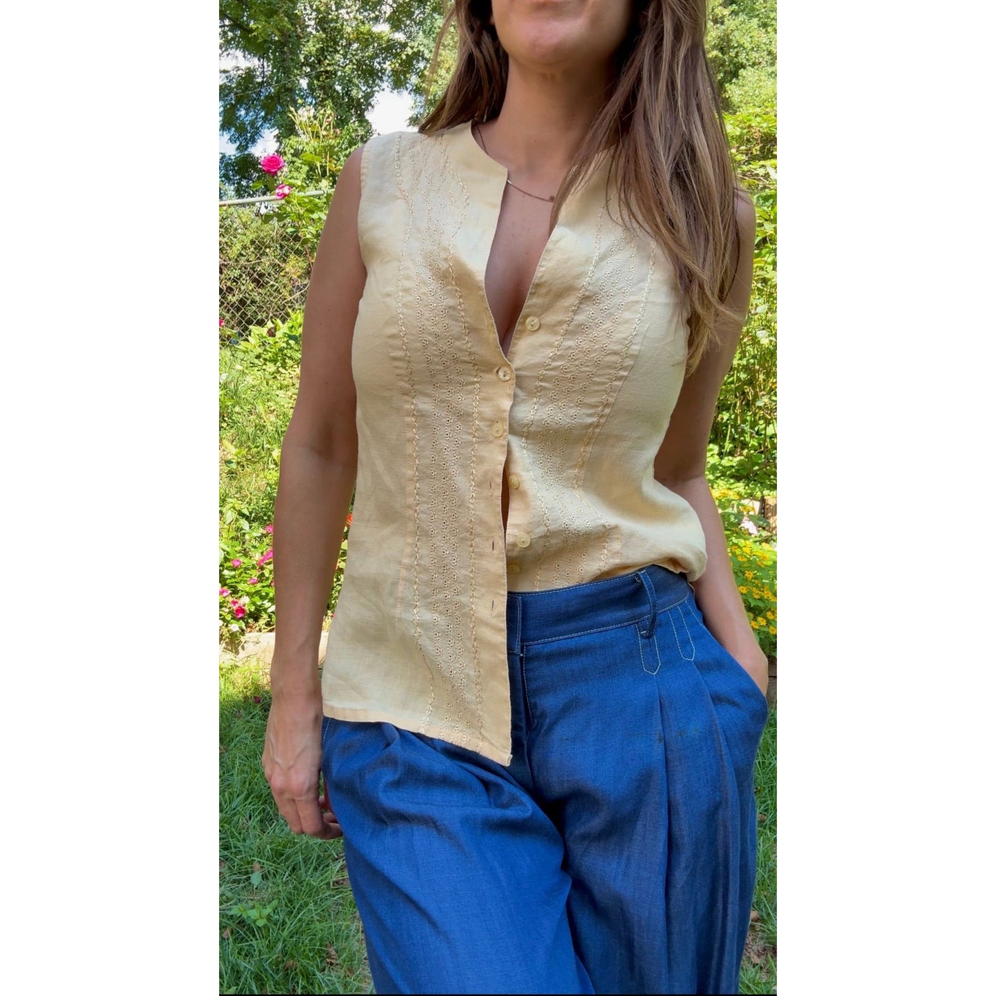 Linen-Blend Pin-Tucked Button Top – Solstice Last Light