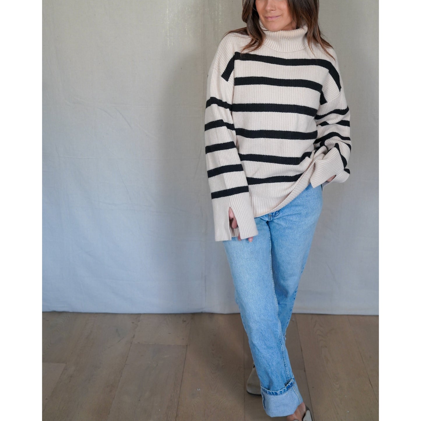 Zara Knit Striped Turtleneck Sweater Cream Black Oversized Ribbed Size L