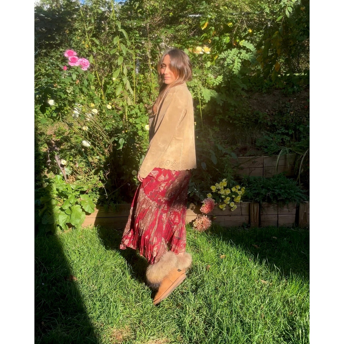 Bohemian Sunset Pleated Maxi Skirt Red