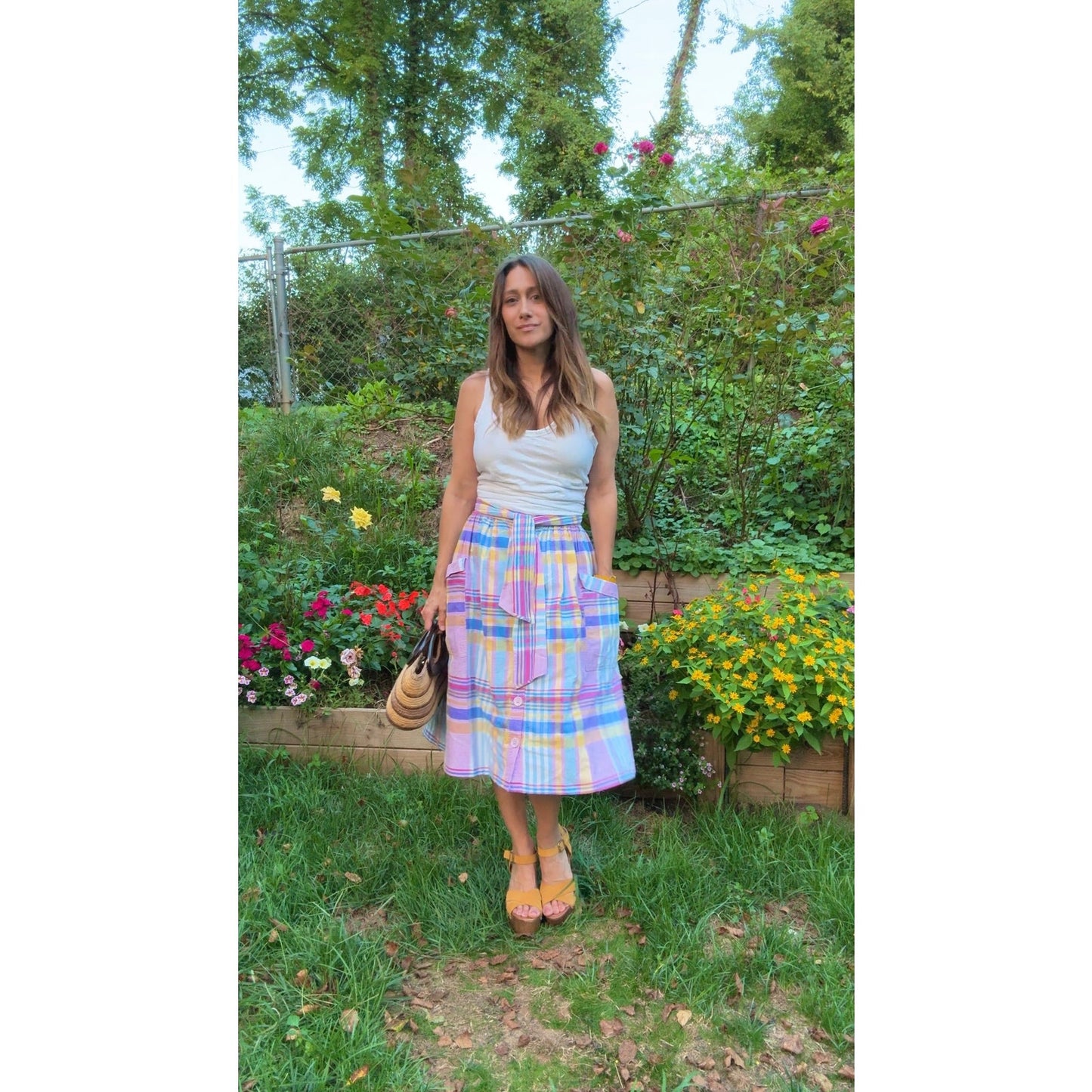 Vintage Pastel Plaid Cotton Skirt w/ Pockets
