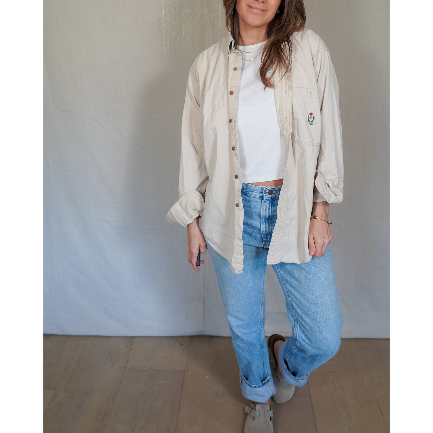 Vintage Chaps Ralph Lauren Beige Button Down / Crest Logo / Classic Cotton Shirt / Minimal Prep