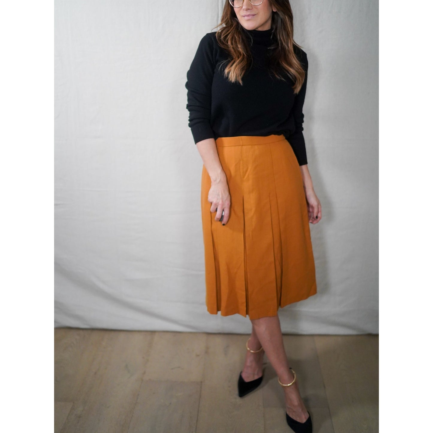 Mustard Pleated Midi Skirt | Tailored Front Pleat, Soft A-Line Shape