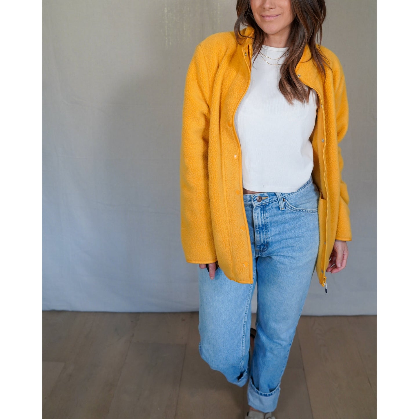Mustard Yellow Fleece Jacket / Snap Front / Minimal Outdoor Layer