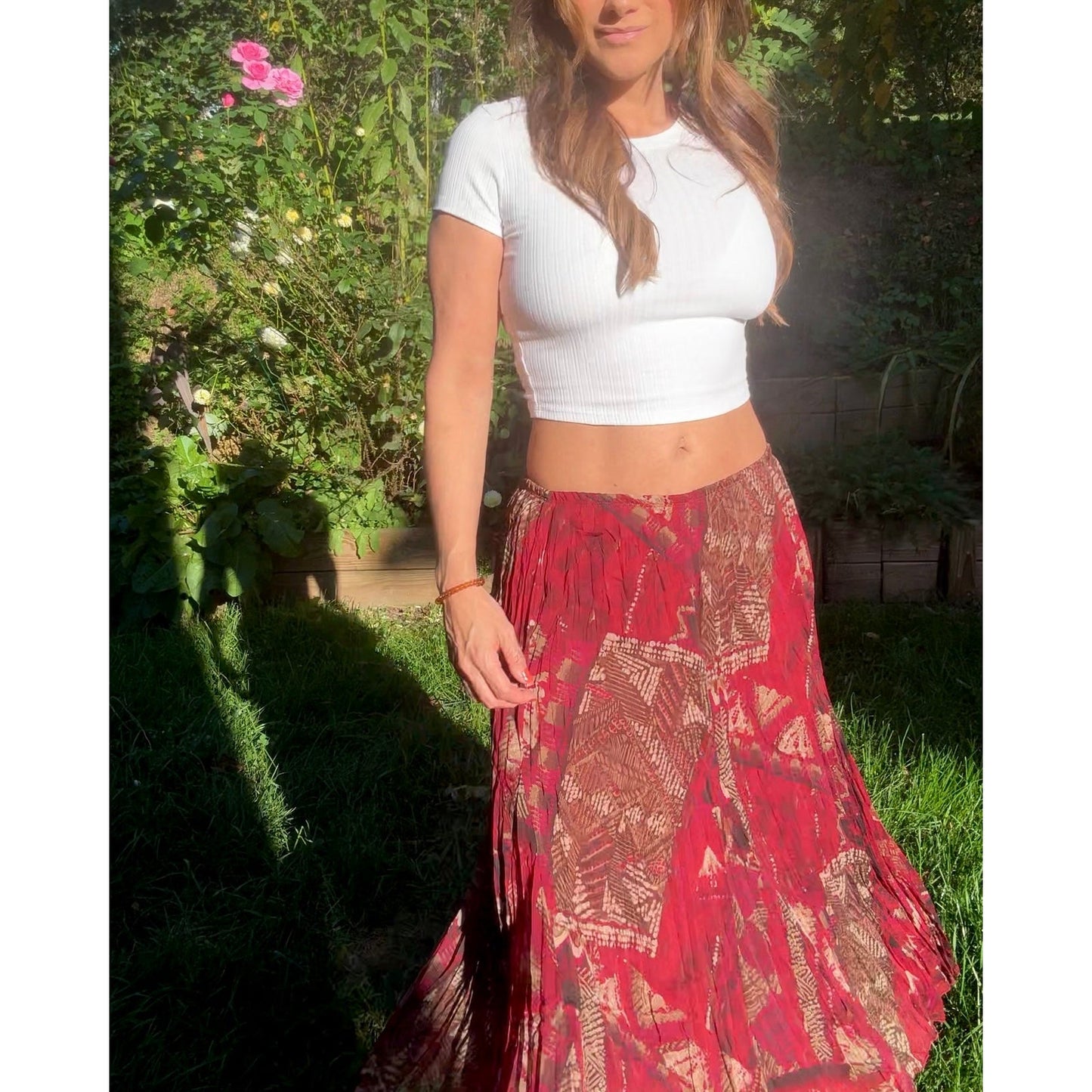 Bohemian Sunset Pleated Maxi Skirt Red