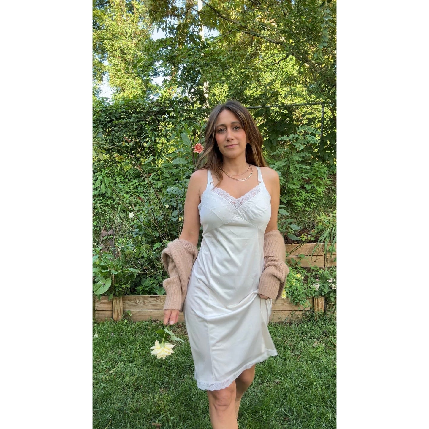 VINTAGE SATIN LACE TRIM SLIP DRESS — IVORY